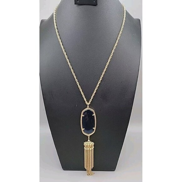 Kendra Scott Rayne Necklace 14k Gold Plated Faux Lapis Tassled Pendant 34" Chain - Picture 1 of 14